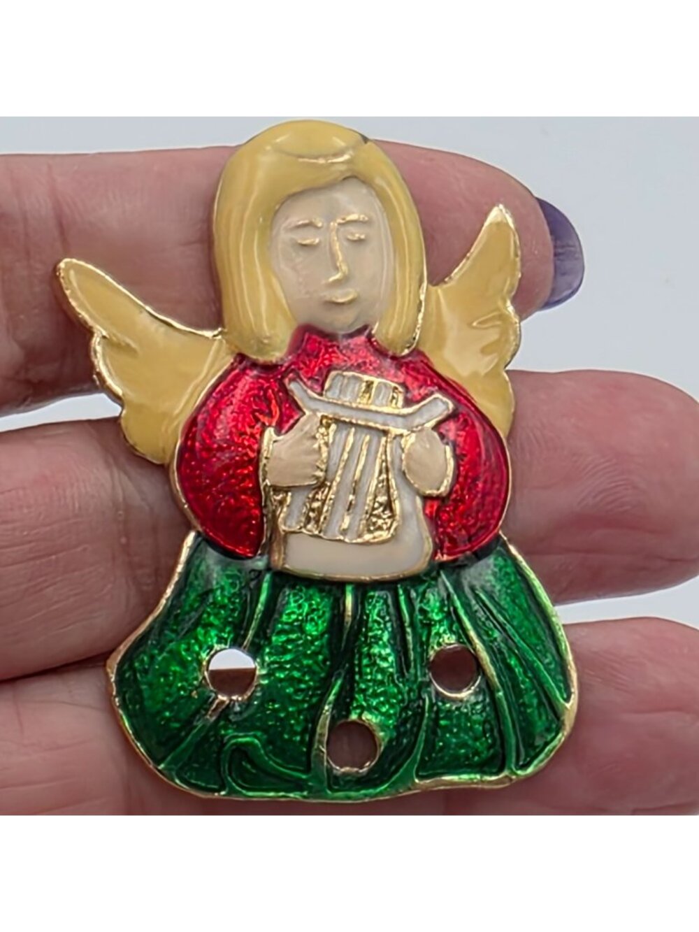 Vintage Enamel Angel Pin Brooch With Harp In Red Green & Gold Colors 2"